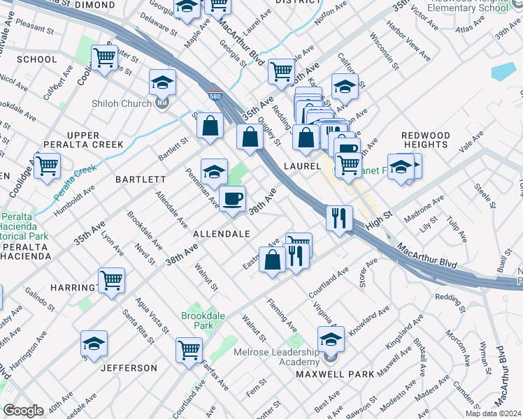 map of restaurants, bars, coffee shops, grocery stores, and more near 3217 Liese Avenue in Oakland