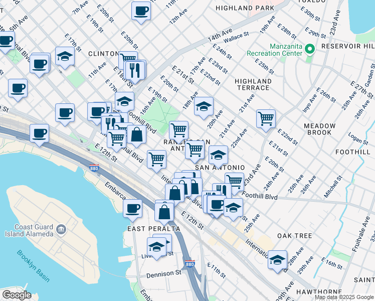 map of restaurants, bars, coffee shops, grocery stores, and more near 1633 20th Avenue in Oakland
