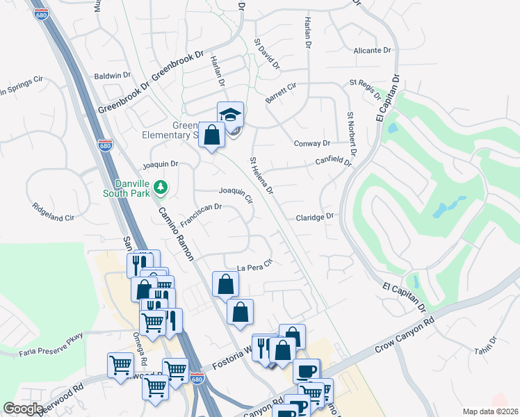 map of restaurants, bars, coffee shops, grocery stores, and more near 197 Joaquin Circle in Danville