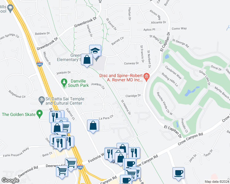 map of restaurants, bars, coffee shops, grocery stores, and more near 1635 Saint Helena Drive in Danville
