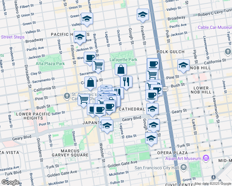 map of restaurants, bars, coffee shops, grocery stores, and more near Laguna Street in San Francisco