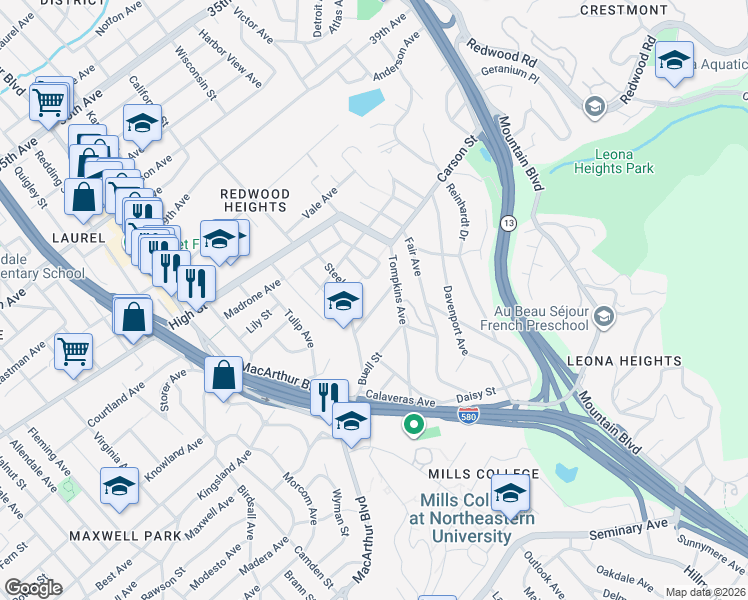 map of restaurants, bars, coffee shops, grocery stores, and more near 3863 Enos Avenue in Oakland