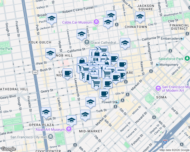 map of restaurants, bars, coffee shops, grocery stores, and more near Post St & Taylor St in San Francisco