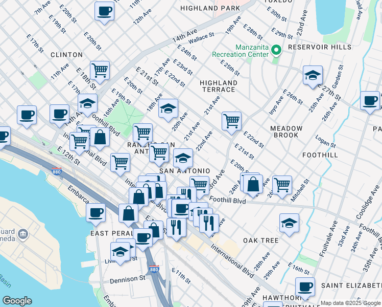 map of restaurants, bars, coffee shops, grocery stores, and more near 2149 East 19th Street in Oakland
