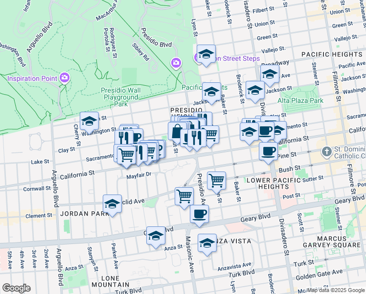 map of restaurants, bars, coffee shops, grocery stores, and more near 3365 Sacramento Street in San Francisco