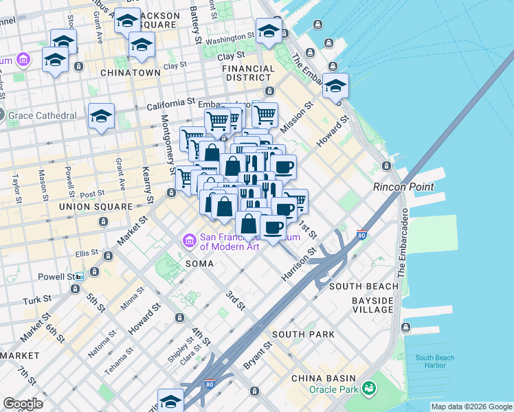 map of restaurants, bars, coffee shops, grocery stores, and more near 543 Howard Street in San Francisco