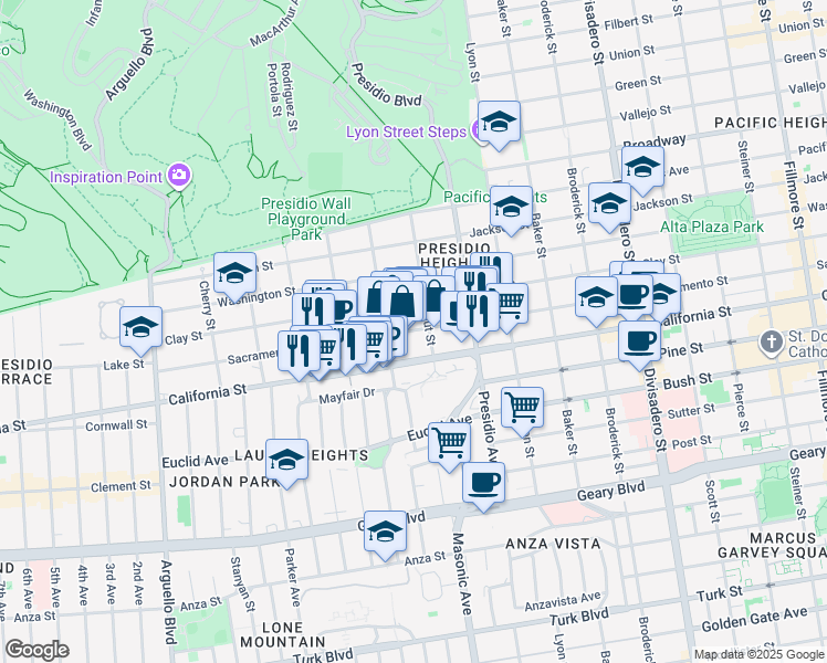 map of restaurants, bars, coffee shops, grocery stores, and more near 3450 Sacramento Street in San Francisco