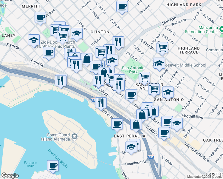 map of restaurants, bars, coffee shops, grocery stores, and more near 1625 International Boulevard in Oakland