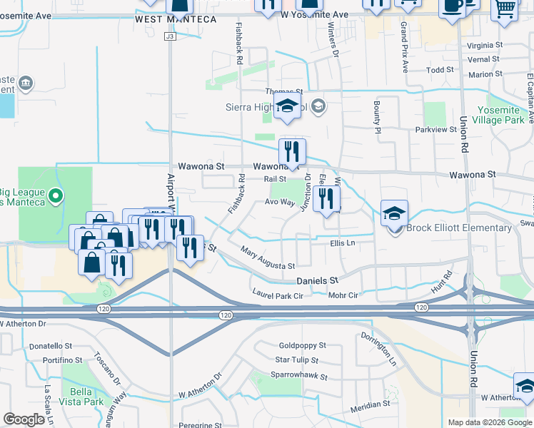 map of restaurants, bars, coffee shops, grocery stores, and more near 1783 Hidden Brook Court in Manteca