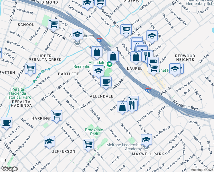map of restaurants, bars, coffee shops, grocery stores, and more near 3781 Angelo Avenue in Oakland