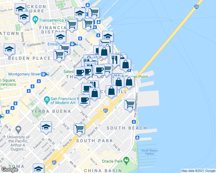 map of restaurants, bars, coffee shops, grocery stores, and more near 338 Beale Street in San Francisco