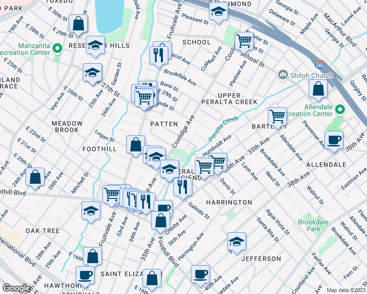 map of restaurants, bars, coffee shops, grocery stores, and more near 2537 34th Avenue in Oakland