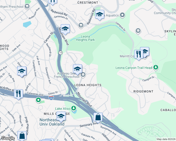 map of restaurants, bars, coffee shops, grocery stores, and more near 5018 Leona Street in Oakland