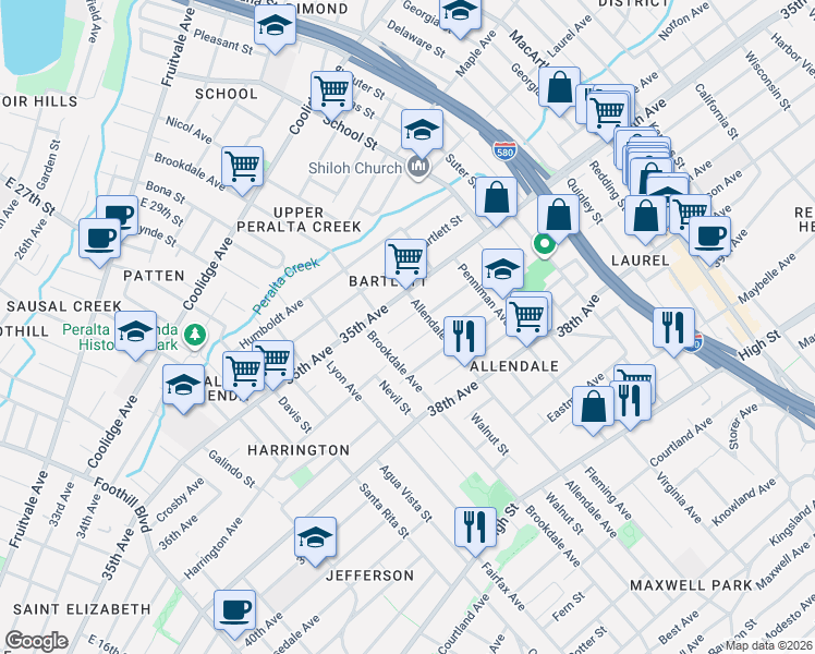 map of restaurants, bars, coffee shops, grocery stores, and more near 2727 Abbey Street in Oakland