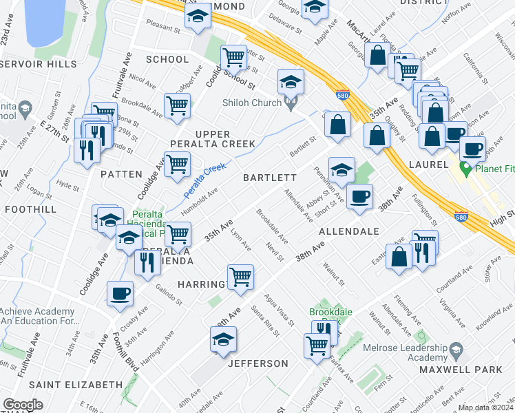 map of restaurants, bars, coffee shops, grocery stores, and more near 2625 Octavia Street in Oakland
