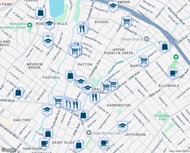 map of restaurants, bars, coffee shops, grocery stores, and more near 2537 34th Avenue in Oakland