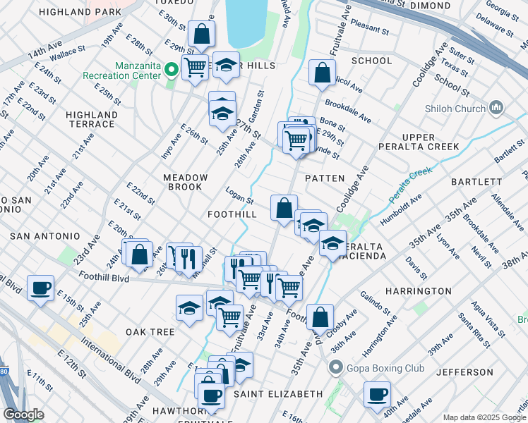 map of restaurants, bars, coffee shops, grocery stores, and more near 3019 Logan Street in Oakland