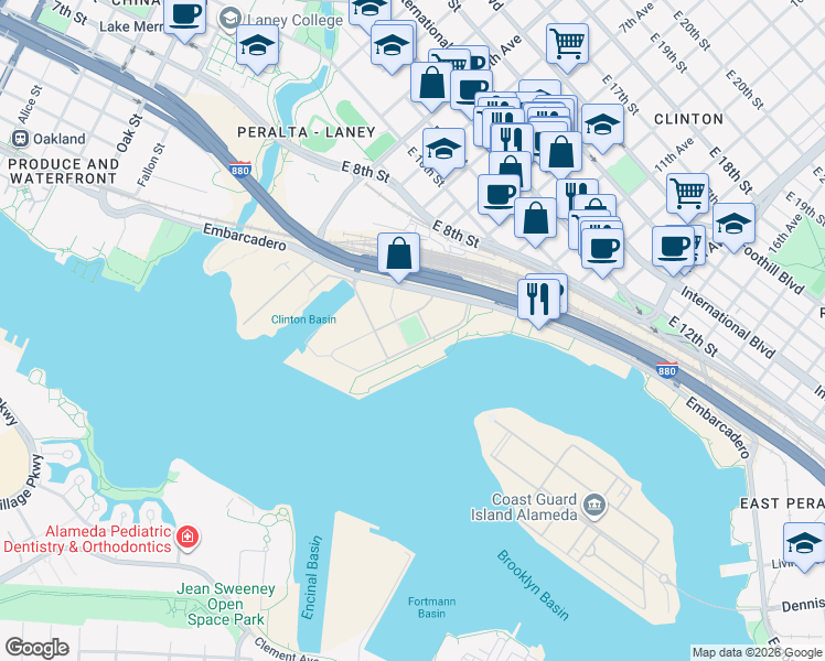 map of restaurants, bars, coffee shops, grocery stores, and more near 89 Clinton Lane in Oakland