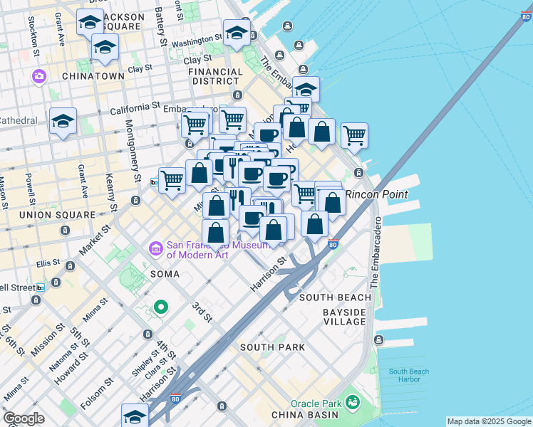 map of restaurants, bars, coffee shops, grocery stores, and more near 400 Folsom Street in San Francisco