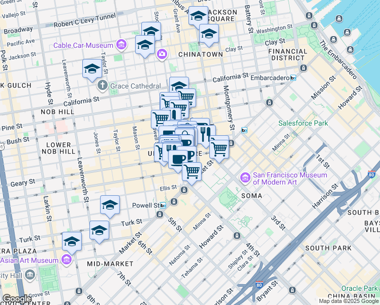 map of restaurants, bars, coffee shops, grocery stores, and more near in San Francisco