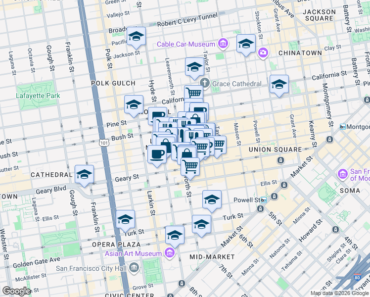 map of restaurants, bars, coffee shops, grocery stores, and more near 736 Leavenworth Street in San Francisco