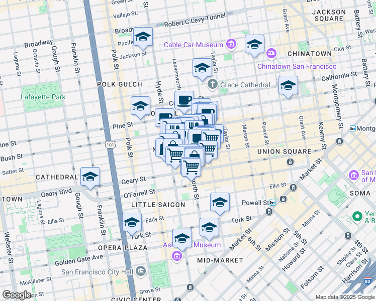 map of restaurants, bars, coffee shops, grocery stores, and more near 736 Leavenworth Street in San Francisco