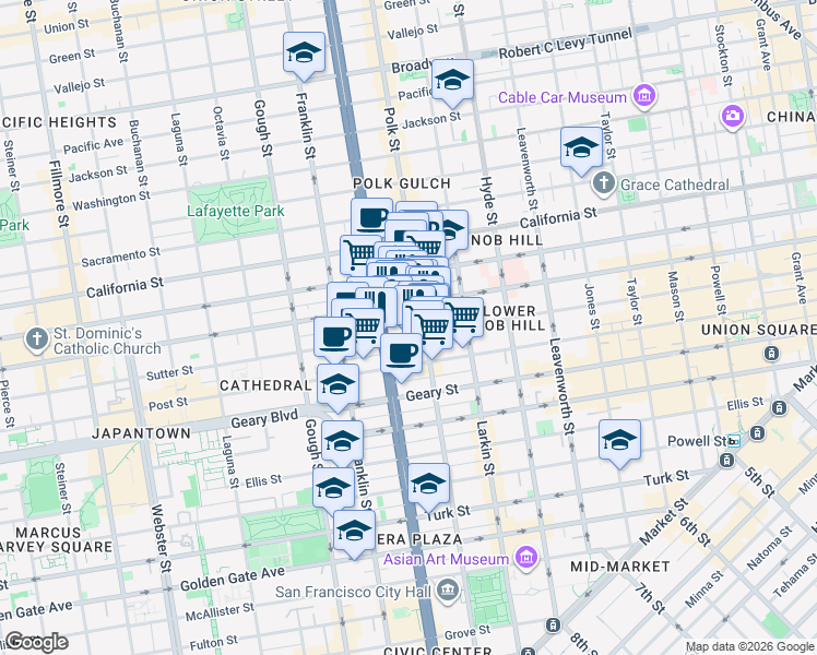 map of restaurants, bars, coffee shops, grocery stores, and more near 1295 Sutter Street in San Francisco