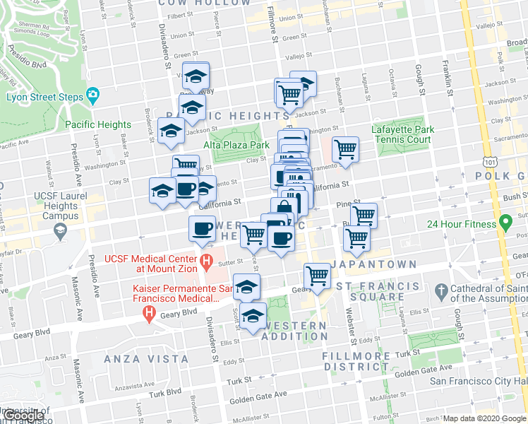 map of restaurants, bars, coffee shops, grocery stores, and more near 2015 V in San Francisco