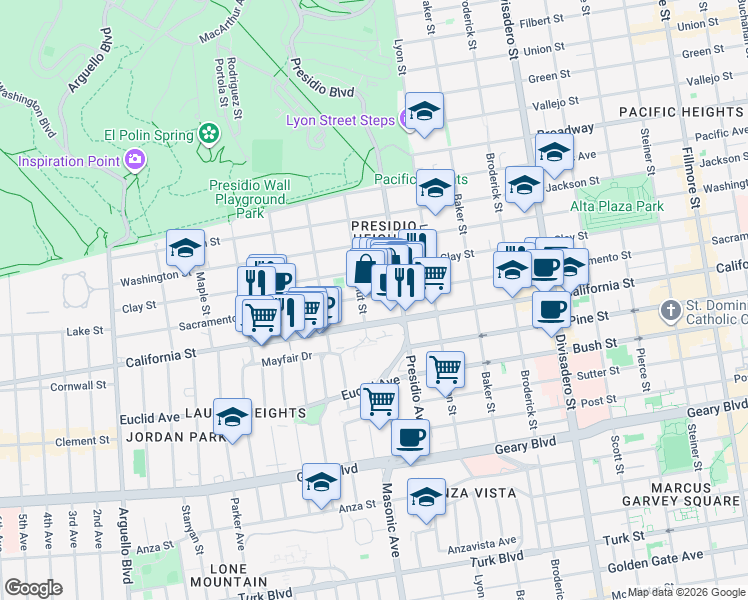 map of restaurants, bars, coffee shops, grocery stores, and more near 3365 Sacramento Street in San Francisco