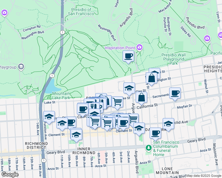 map of restaurants, bars, coffee shops, grocery stores, and more near 32 5th Avenue in San Francisco