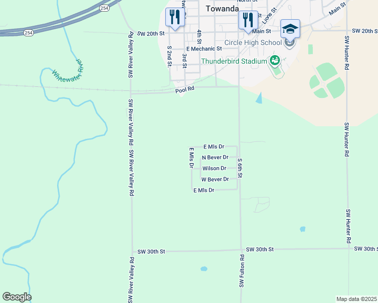 map of restaurants, bars, coffee shops, grocery stores, and more near 636 North Mills Drive in Towanda