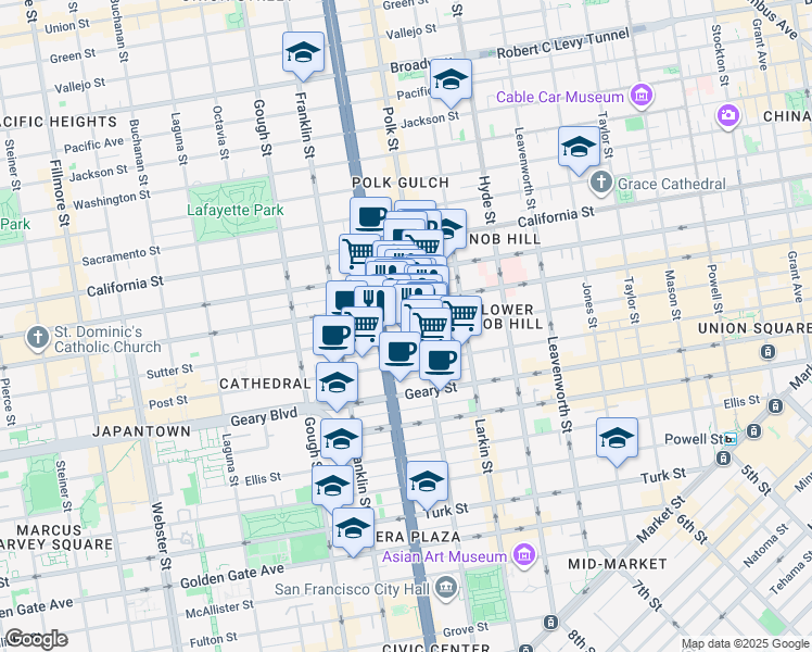 map of restaurants, bars, coffee shops, grocery stores, and more near 1238 Sutter Street in San Francisco