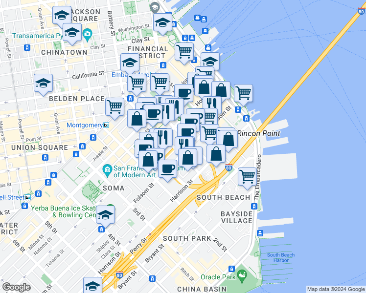 map of restaurants, bars, coffee shops, grocery stores, and more near 400 Folsom Street in San Francisco