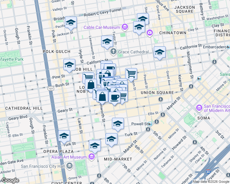 map of restaurants, bars, coffee shops, grocery stores, and more near 666 Post Street in San Francisco