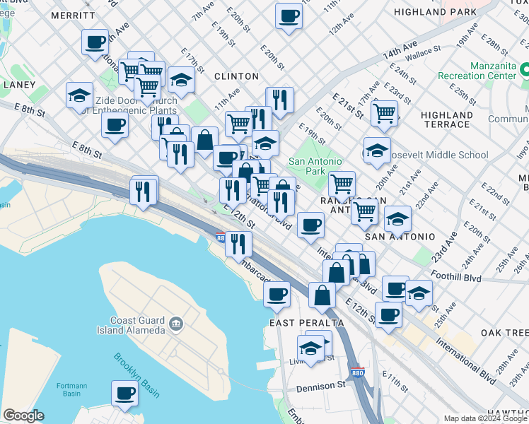 map of restaurants, bars, coffee shops, grocery stores, and more near 1625 International Boulevard in Oakland