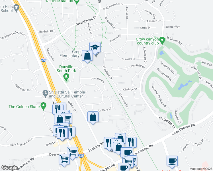 map of restaurants, bars, coffee shops, grocery stores, and more near 197 Joaquin Circle in Danville