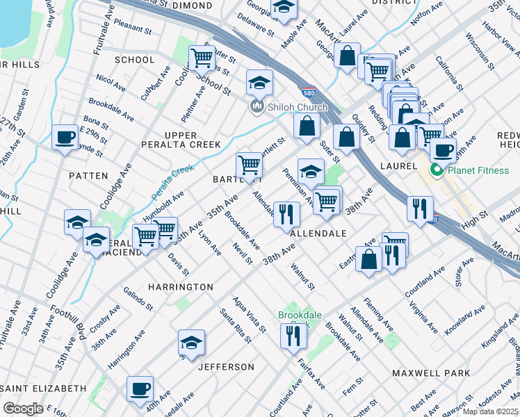 map of restaurants, bars, coffee shops, grocery stores, and more near 2727 Abbey Street in Oakland