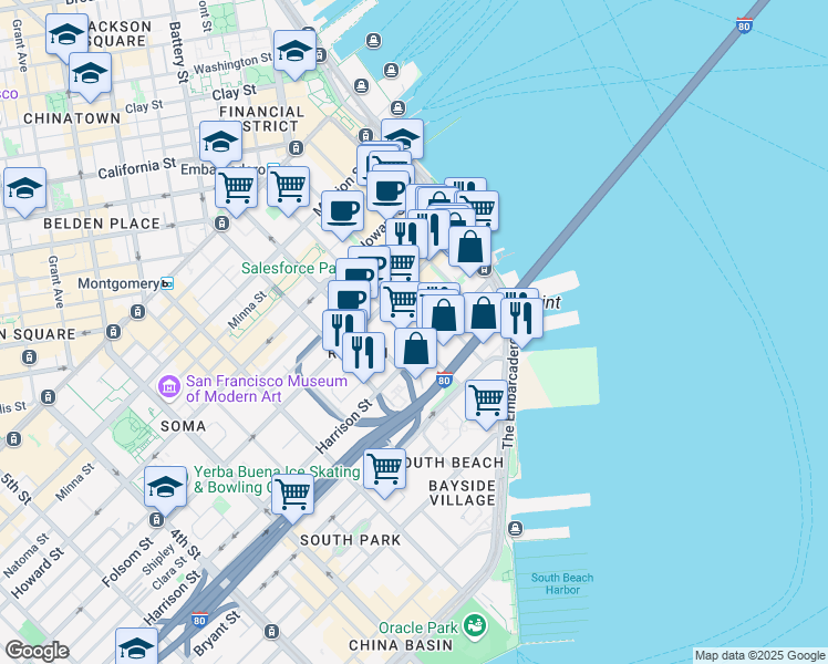 map of restaurants, bars, coffee shops, grocery stores, and more near 375 Beale Street in San Francisco