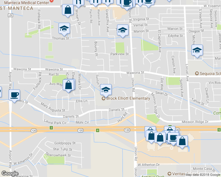 map of restaurants, bars, coffee shops, grocery stores, and more near 1078 Compass Ln in Manteca