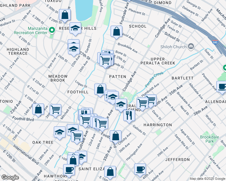 map of restaurants, bars, coffee shops, grocery stores, and more near 3235 Hyde Street in Oakland