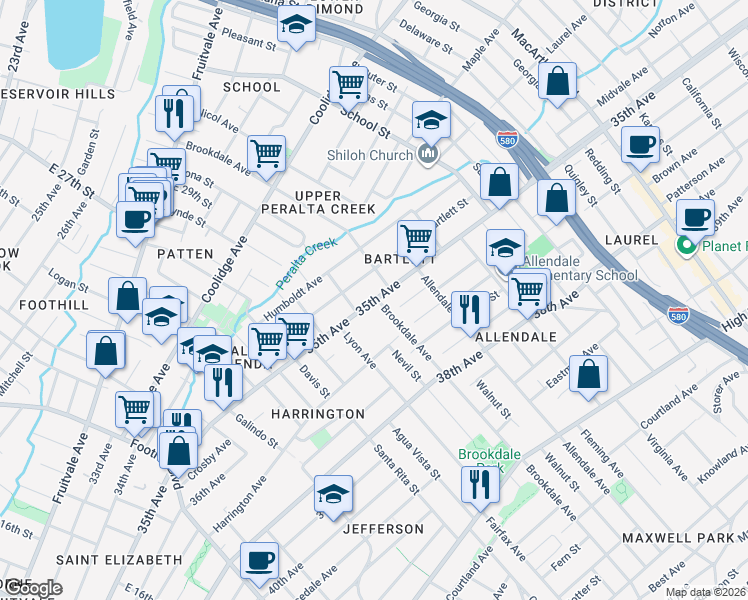 map of restaurants, bars, coffee shops, grocery stores, and more near 35th Avenue in Oakland