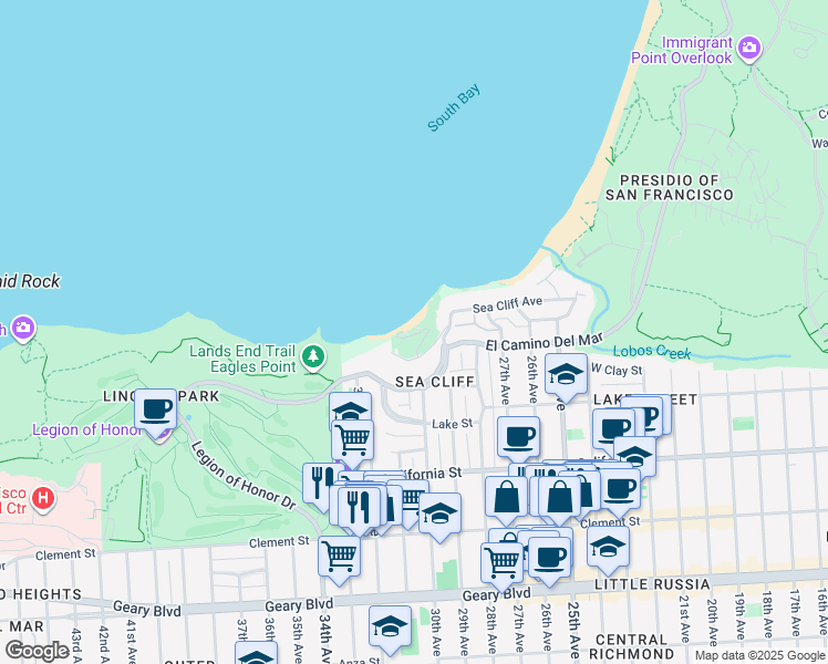 map of restaurants, bars, coffee shops, grocery stores, and more near 340 Sea Cliff Avenue in San Francisco