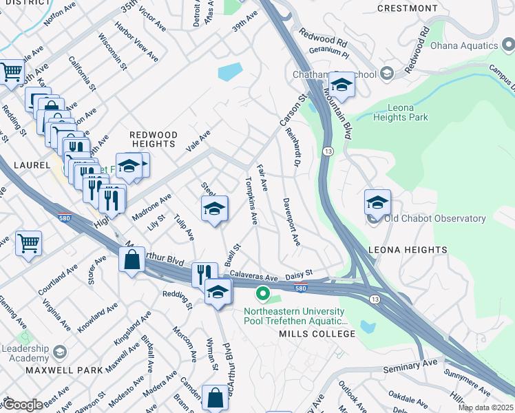 map of restaurants, bars, coffee shops, grocery stores, and more near 4628 Tompkins Avenue in Oakland