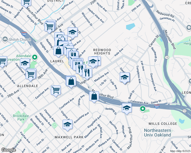 map of restaurants, bars, coffee shops, grocery stores, and more near 3678 High Street in Oakland