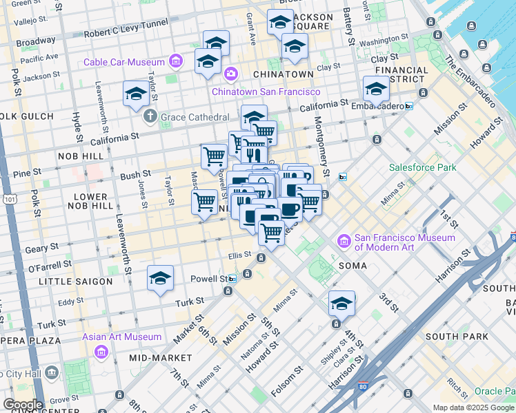 map of restaurants, bars, coffee shops, grocery stores, and more near 39 Grant Avenue in San Francisco