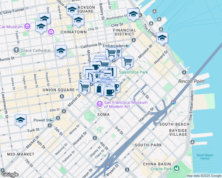 map of restaurants, bars, coffee shops, grocery stores, and more near 101 2nd Street in San Francisco