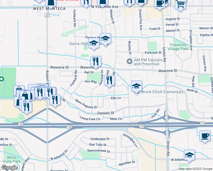 map of restaurants, bars, coffee shops, grocery stores, and more near 1057 Eleanor Lane in Manteca