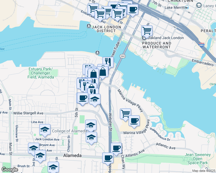 map of restaurants, bars, coffee shops, grocery stores, and more near 2490 Marina Village Parkway in Alameda