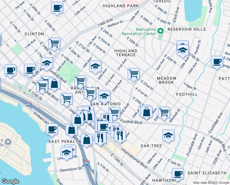 map of restaurants, bars, coffee shops, grocery stores, and more near 1914 22nd Avenue in Oakland