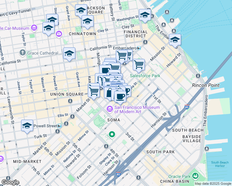 map of restaurants, bars, coffee shops, grocery stores, and more near 604 Mission Street in San Francisco